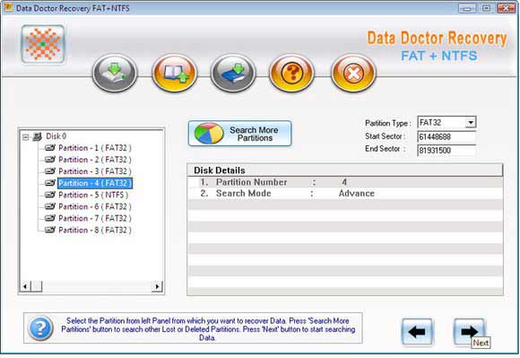 Screenshot vom Programm: NTFS and FAT Partitions Restore