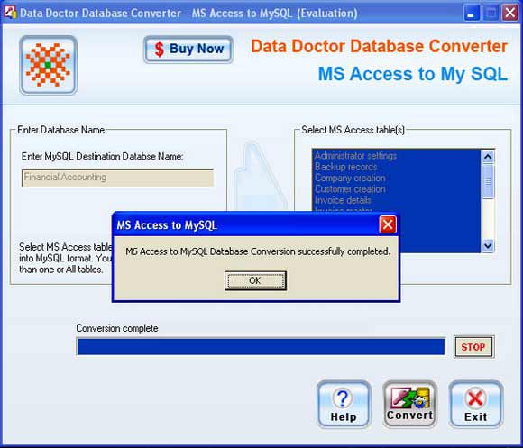 Screenshot of MS Access DB to MySQL Conversion tool