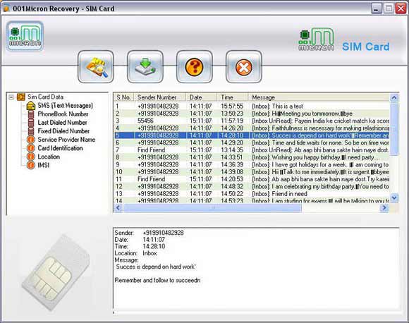Screenshot of Sim Card Deleted Message Reader Software