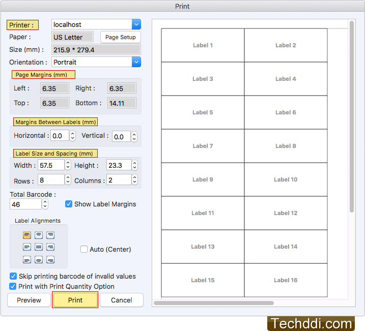 Print Settings Barcode Label Maker Software (for MAC Machines)