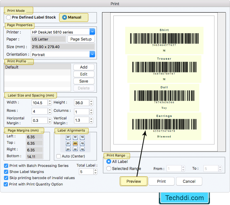 Print Settings Barcode Label Maker Software (for MAC Machines)