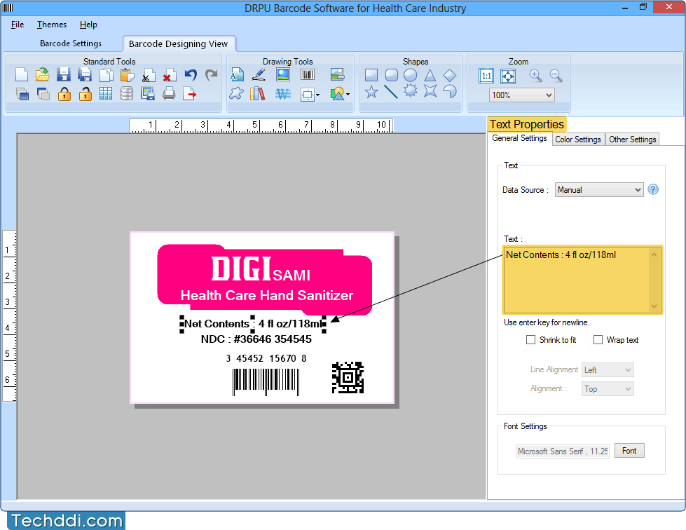 Text Properties Barcode Software for Healthcare Industry