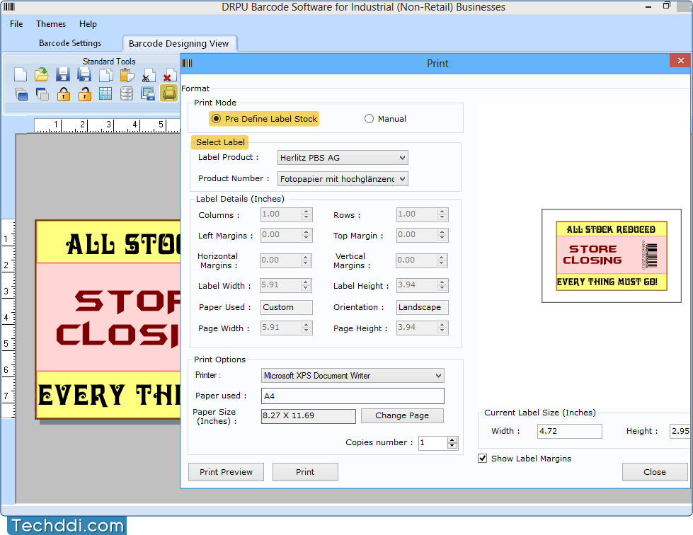 Print Settings using Pre Define Label Stock mode Barcode Software for Industrial Manufacturing and Warehousing