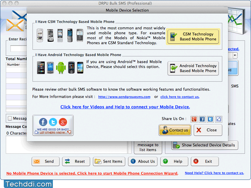 Mobile Device Selection Mac Bulk SMS Software - Professional