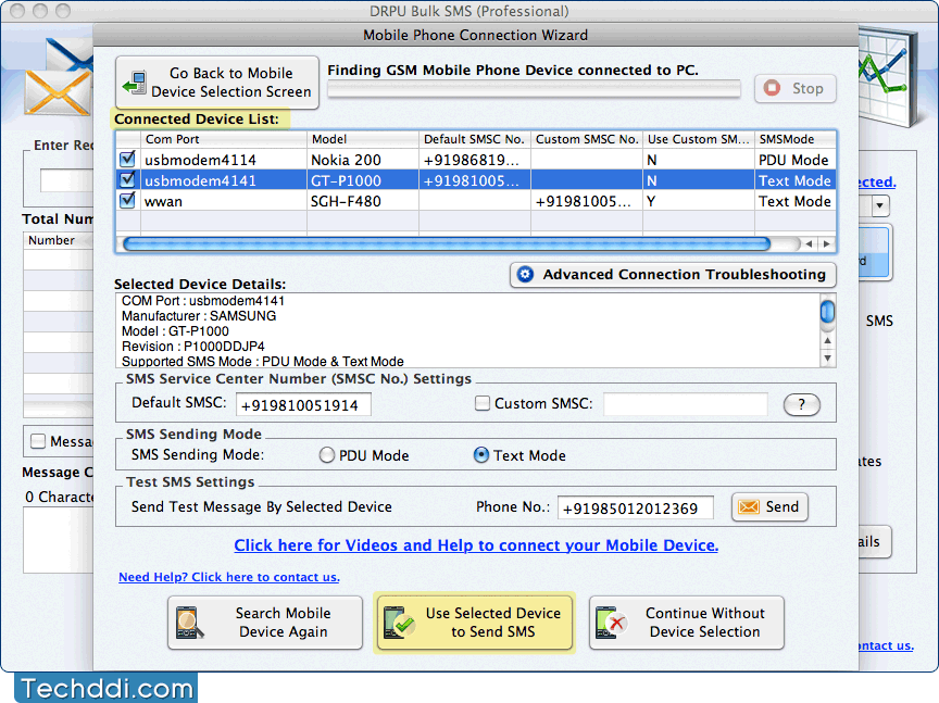 Mobile Phone Connection Wizard Mac Bulk SMS Software - Professional
