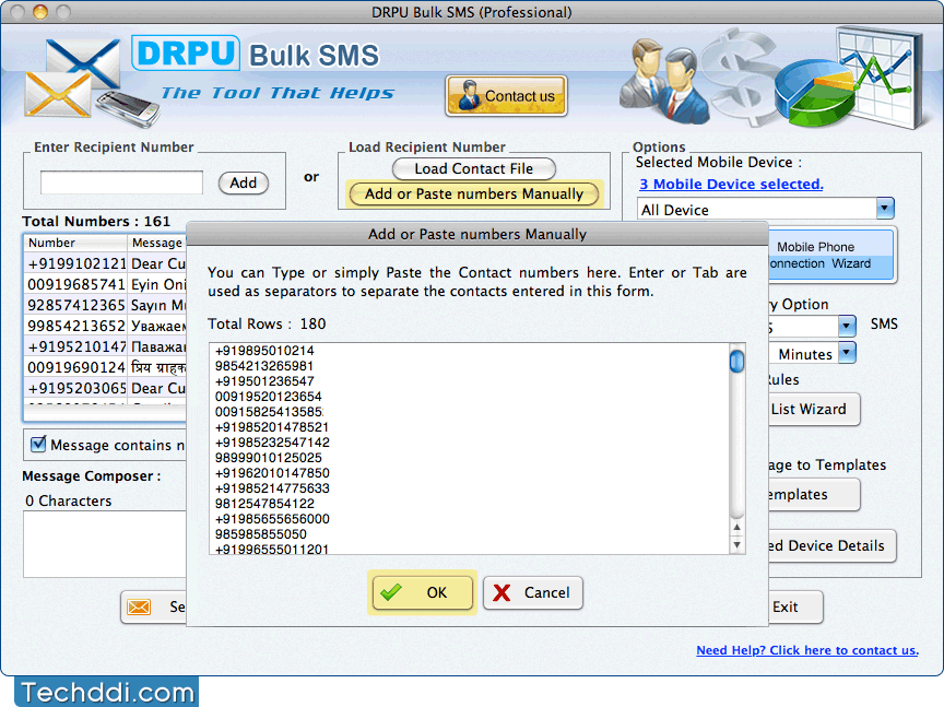 Add or Paste numbers Manually Mac Bulk SMS Software - Professional