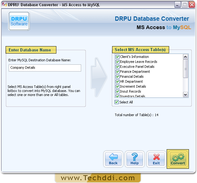 Geben Sie den Namen der Datenbank, und wählen Sie MS Access-Tabelle (n)