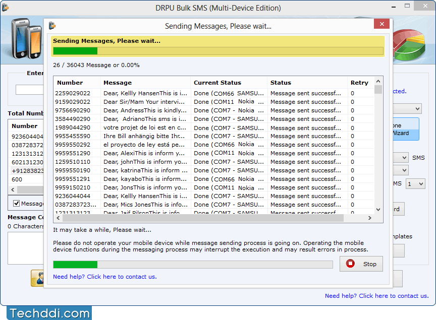 Status of messages sending process