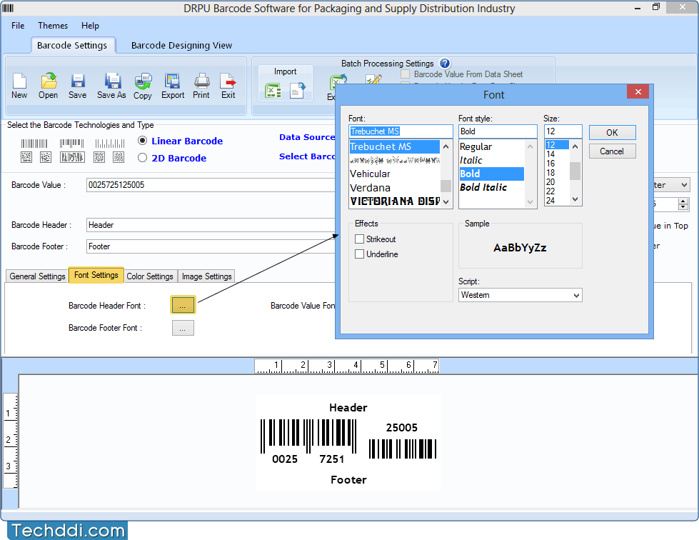 Font Settings Barcode Software for Packaging Supply and Distribution Industry