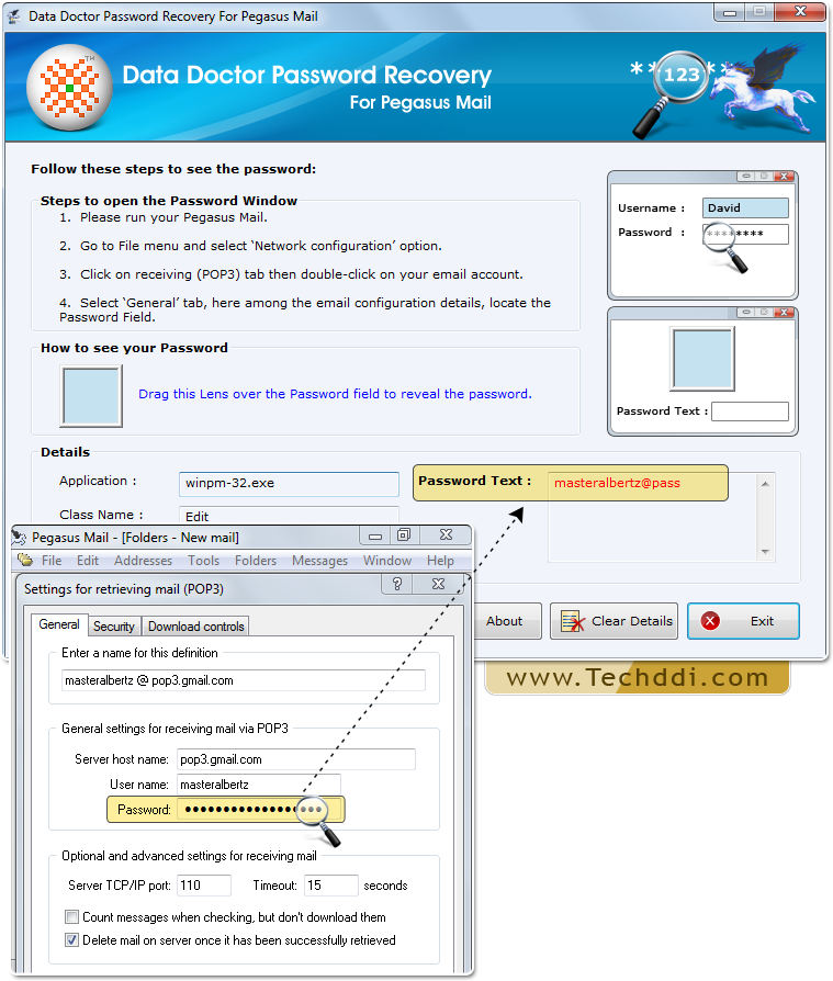 Recovery of password using Password Recovery For Pegasus Mail Password Recovery Software For Pegasus Mail