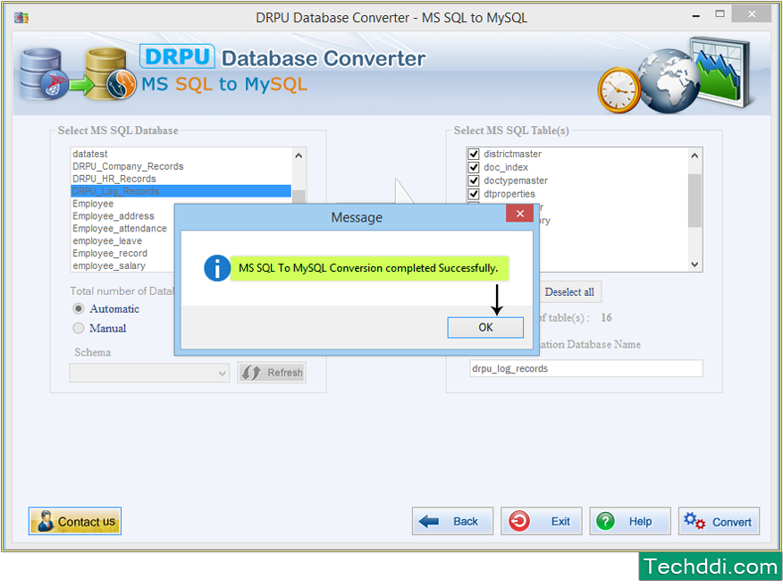 MS SQL to MySQL database Conversion completed successfully