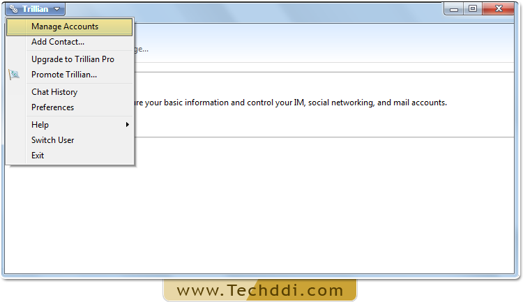 Select Manage Accounts in Trillian Software